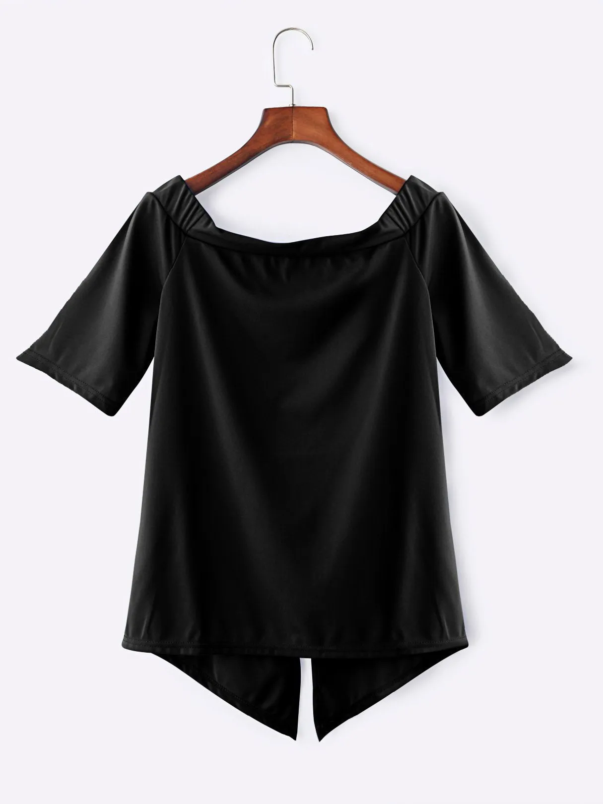 Custom Off The Shoulder Slit Half Sleeve Irregular Hem Black T-Shirts