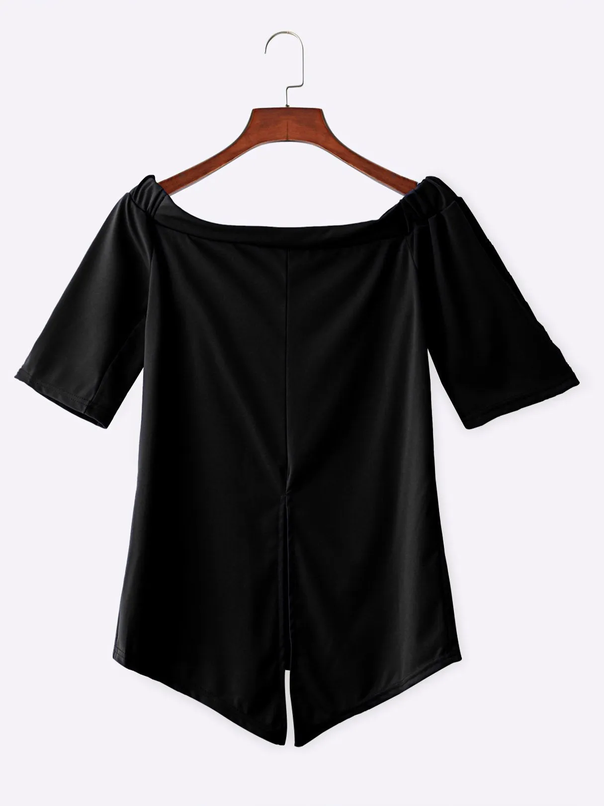 Custom Off The Shoulder Slit Half Sleeve Irregular Hem Black T-Shirts