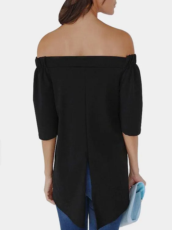 Custom Off The Shoulder Slit Half Sleeve Irregular Hem Black T-Shirts
