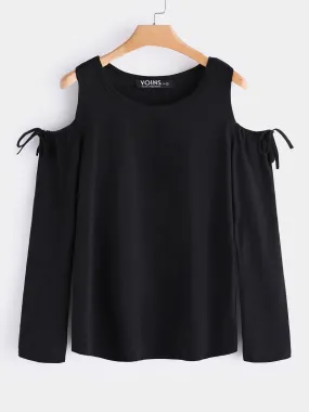 Custom Plain Lace-Up Cut Out Long Sleeve Black Top