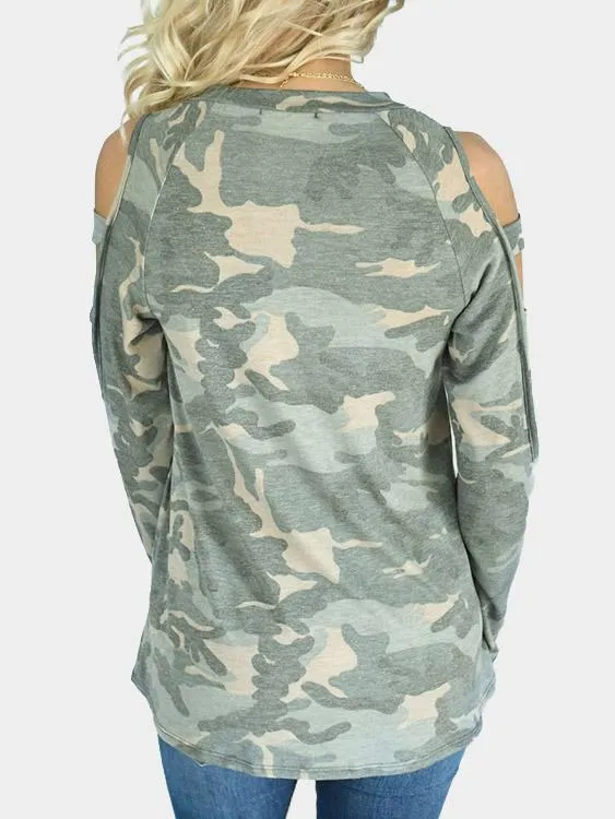 Custom Round Neck Camouflage Cut Out Long Sleeve Green T-Shirt
