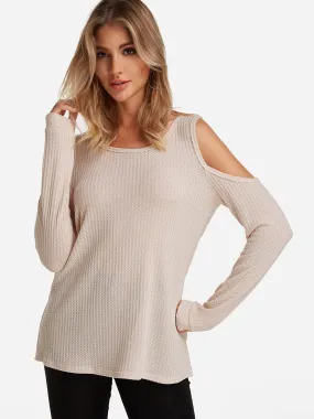 Custom Round Neck Cold Shoulder Plain Cut Out Long Sleeve Beige T-Shirts