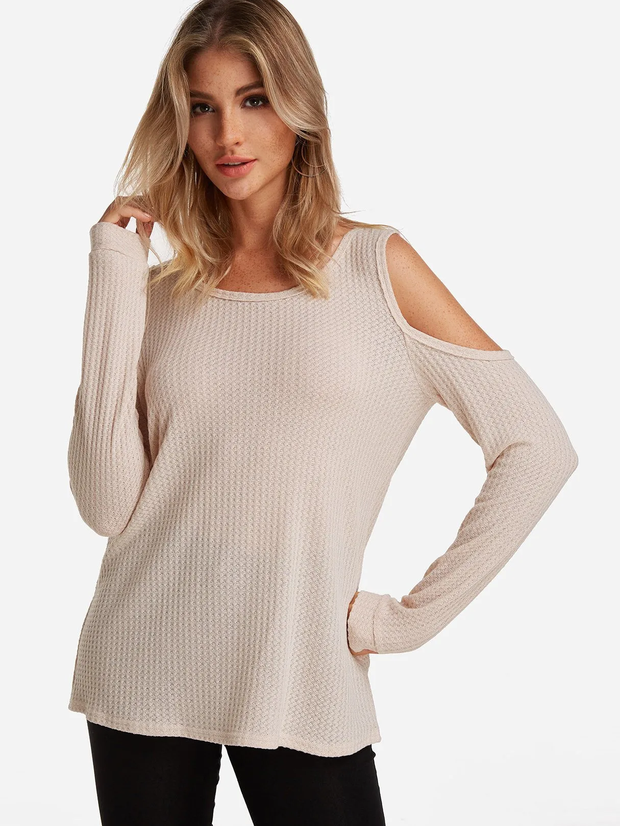 Custom Round Neck Cold Shoulder Plain Cut Out Long Sleeve Beige T-Shirts