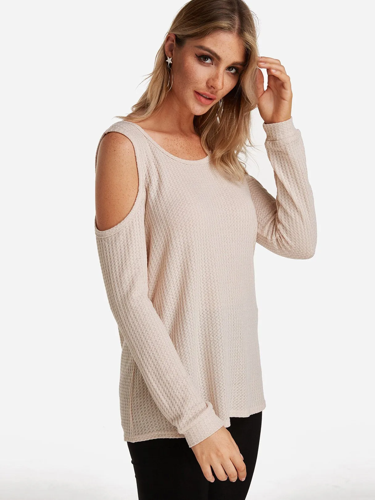 Custom Round Neck Cold Shoulder Plain Cut Out Long Sleeve Beige T-Shirts