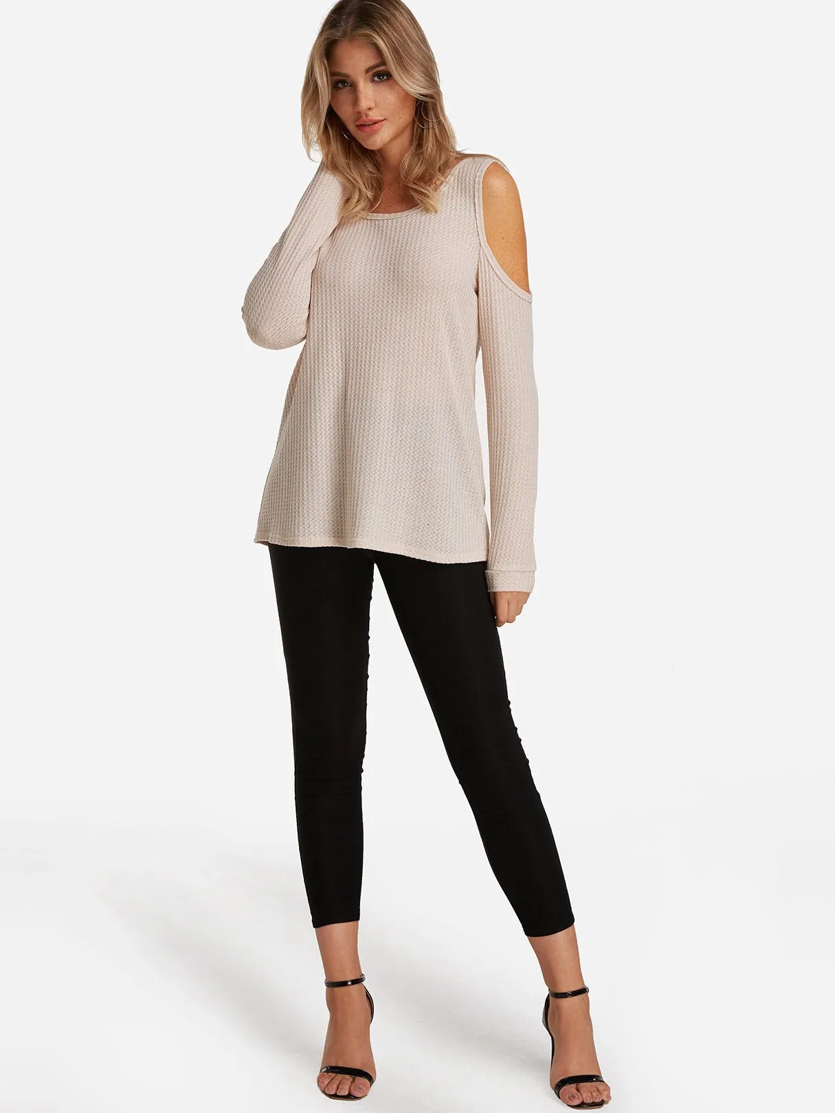 Custom Round Neck Cold Shoulder Plain Cut Out Long Sleeve Beige T-Shirts