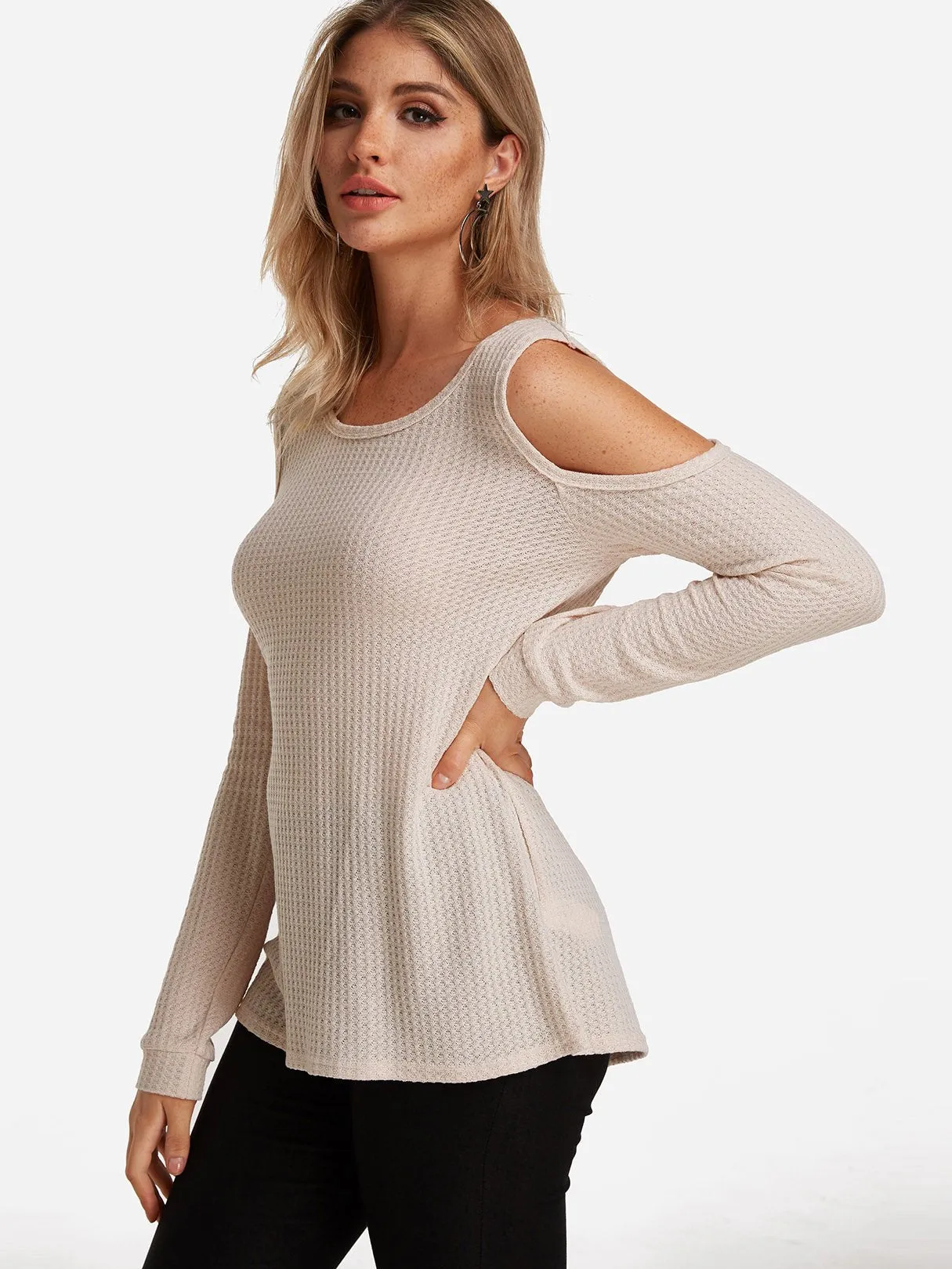 Custom Round Neck Cold Shoulder Plain Cut Out Long Sleeve Beige T-Shirts
