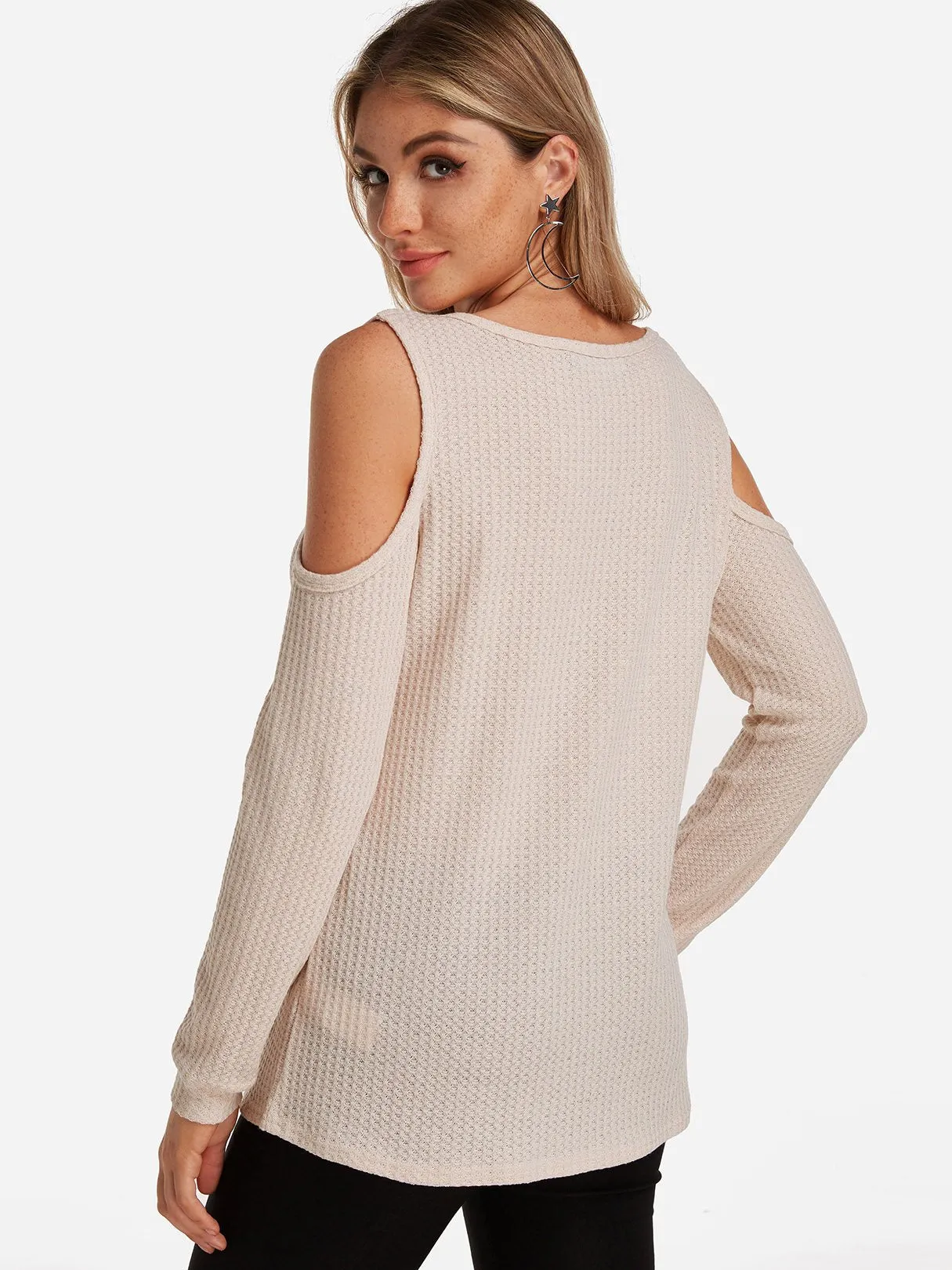 Custom Round Neck Cold Shoulder Plain Cut Out Long Sleeve Beige T-Shirts