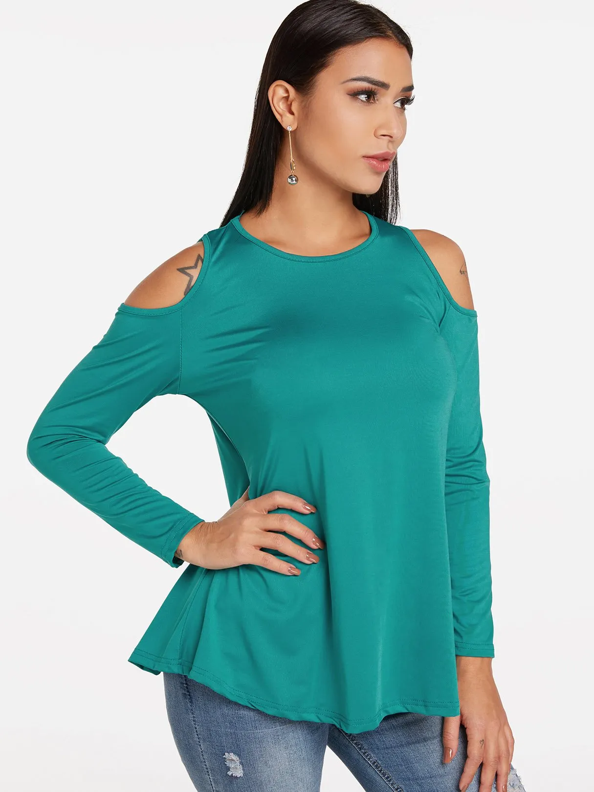 Custom Round Neck Cold Shoulder Plain Cut Out Long Sleeve T-Shirts