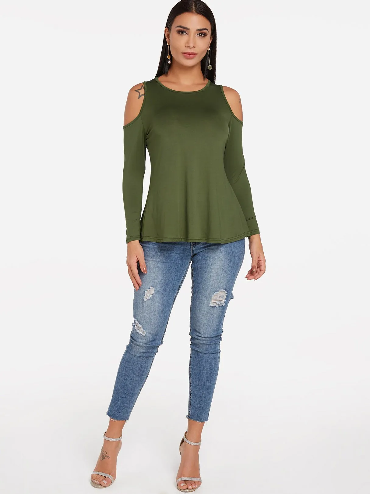 Custom Round Neck Cold Shoulder Plain Cut Out Long Sleeve T-Shirts