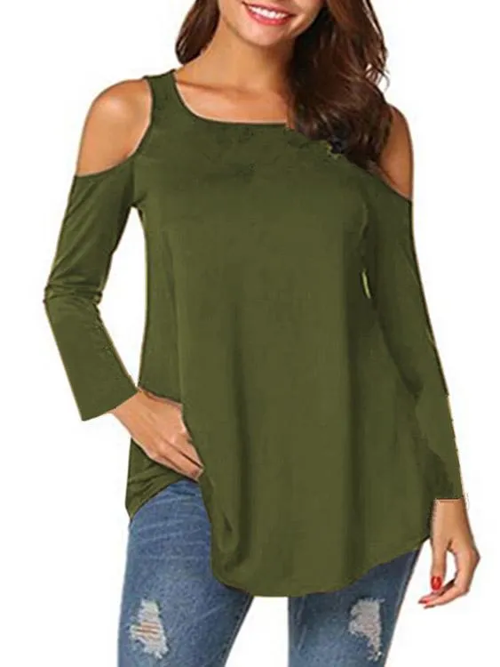 Custom Round Neck Cold Shoulder Plain Cut Out Long Sleeve T-Shirts