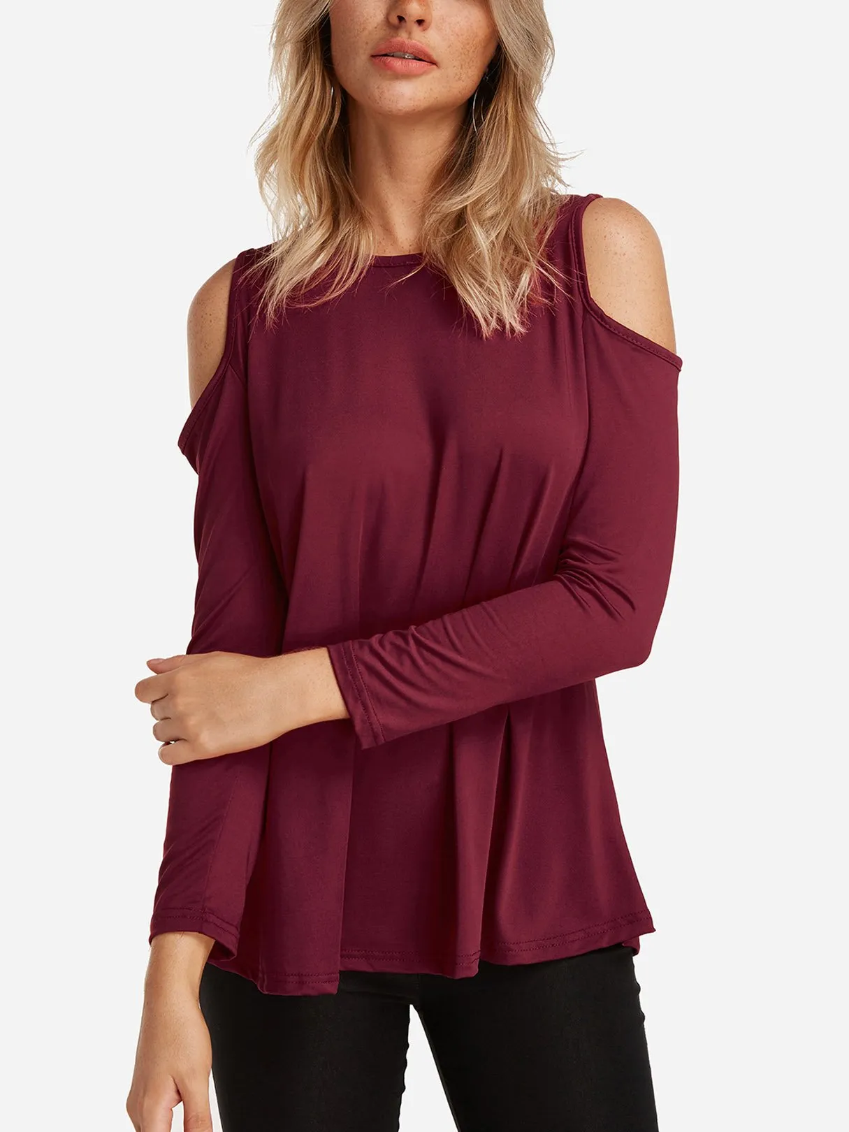 Custom Round Neck Cold Shoulder Plain Cut Out Long Sleeve T-Shirts