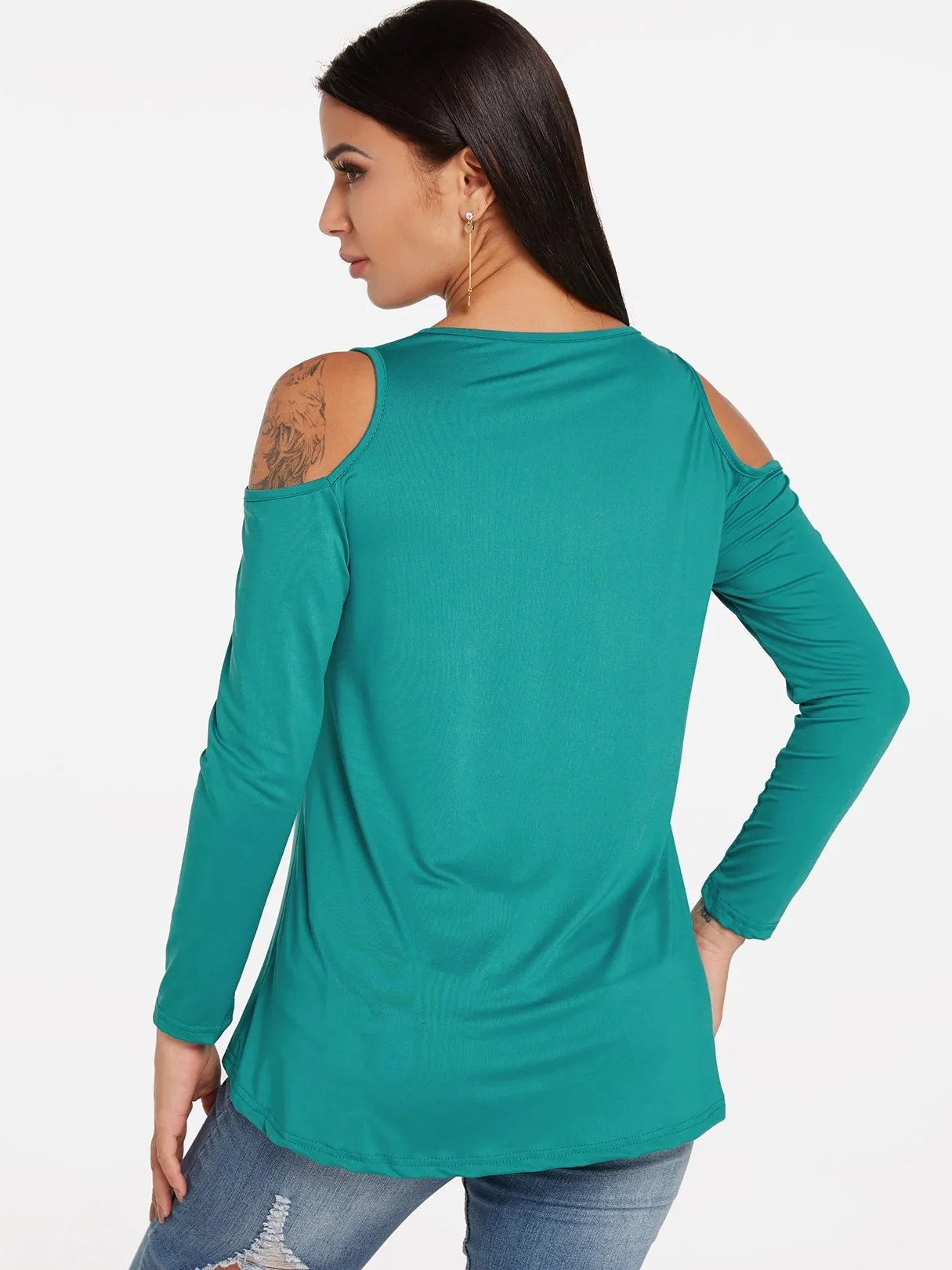 Custom Round Neck Cold Shoulder Plain Cut Out Long Sleeve T-Shirts