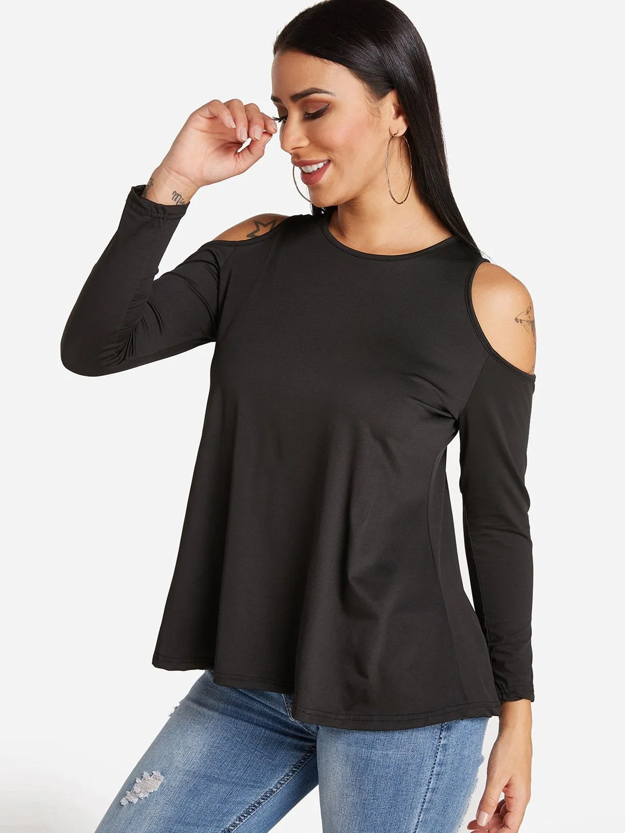 Custom Round Neck Cold Shoulder Plain Cut Out Long Sleeve T-Shirts
