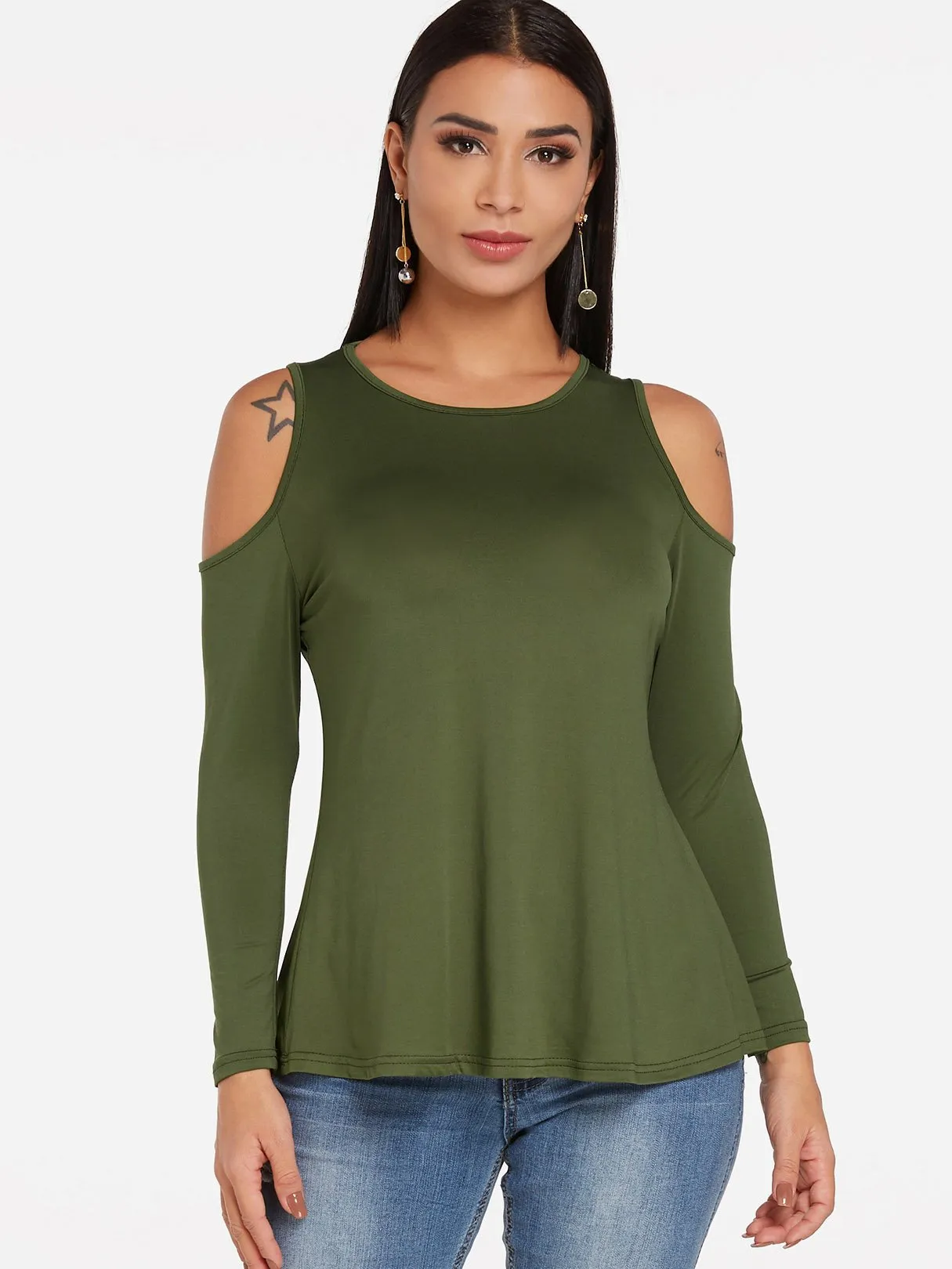 Custom Round Neck Cold Shoulder Plain Cut Out Long Sleeve T-Shirts
