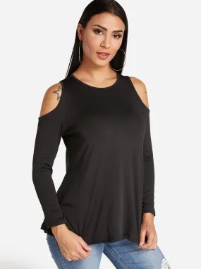 Custom Round Neck Cold Shoulder Plain Cut Out Long Sleeve T-Shirts