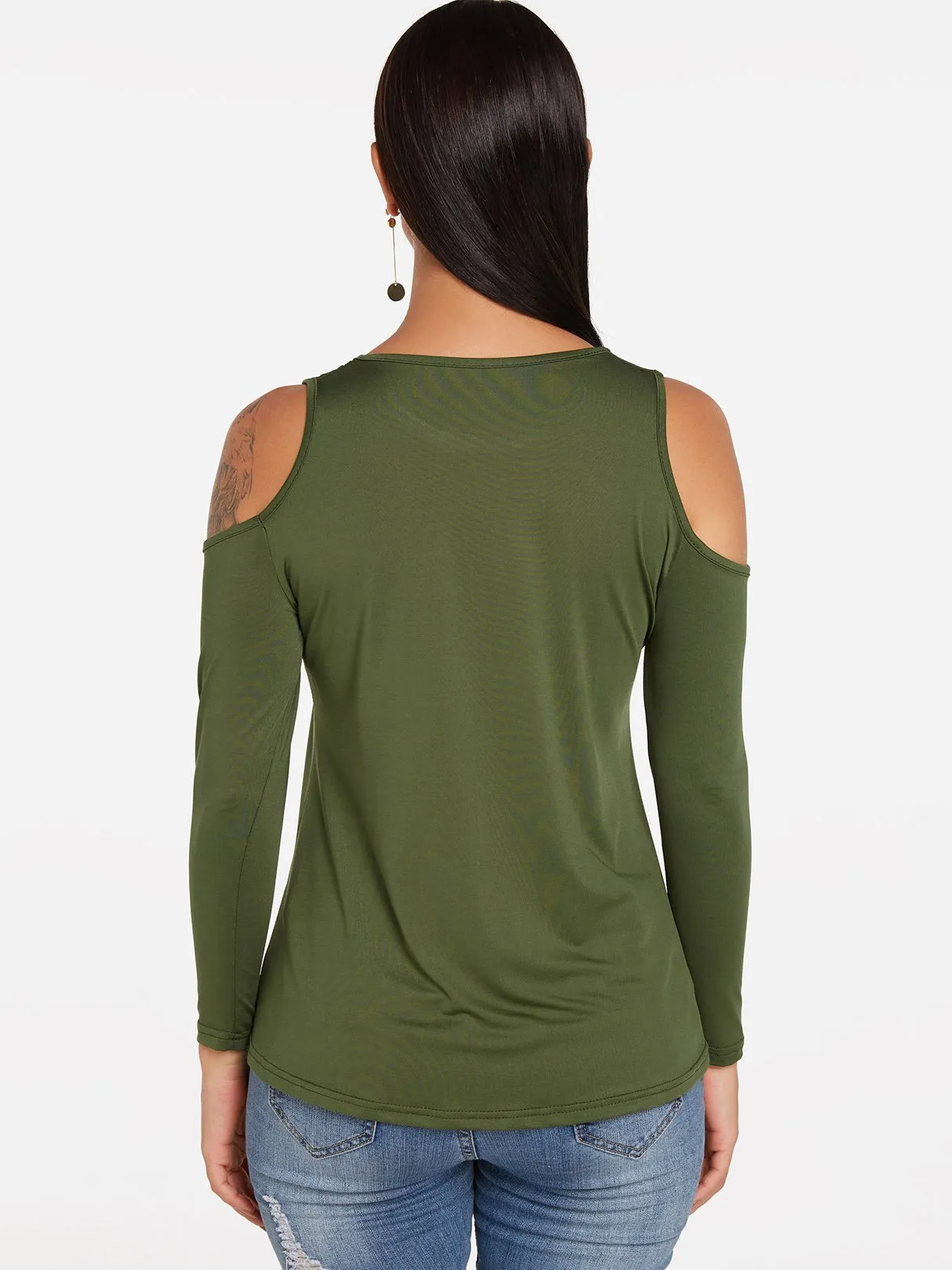 Custom Round Neck Cold Shoulder Plain Cut Out Long Sleeve T-Shirts