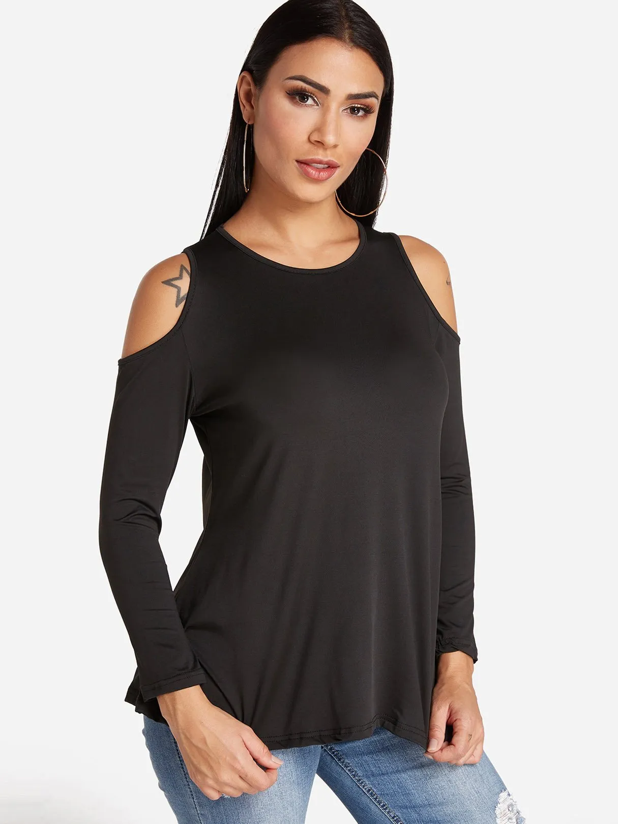 Custom Round Neck Cold Shoulder Plain Cut Out Long Sleeve T-Shirts