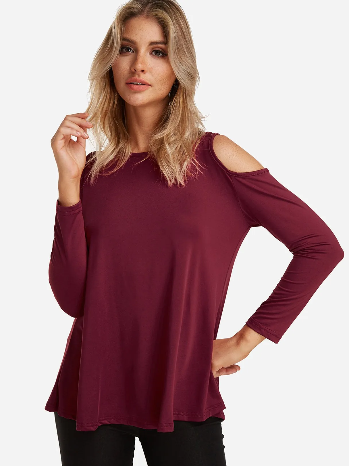 Custom Round Neck Cold Shoulder Plain Cut Out Long Sleeve T-Shirts