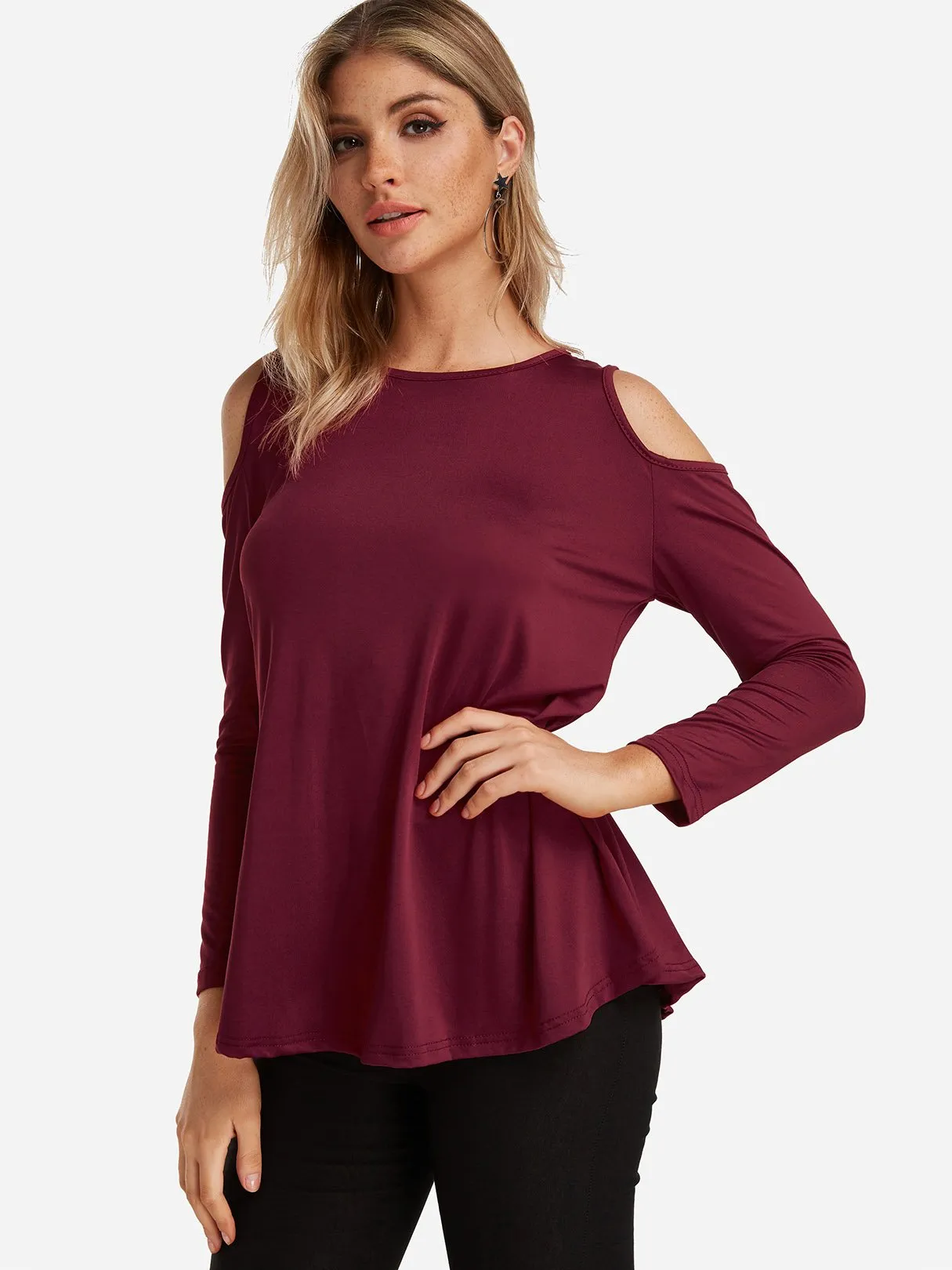 Custom Round Neck Cold Shoulder Plain Cut Out Long Sleeve T-Shirts