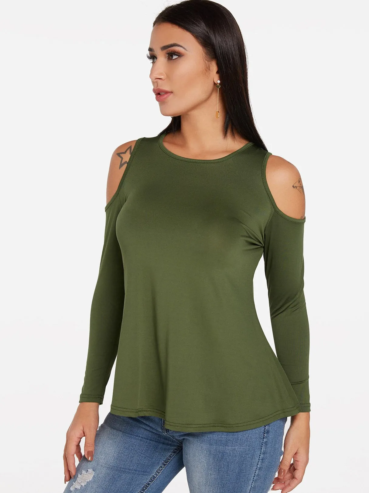 Custom Round Neck Cold Shoulder Plain Cut Out Long Sleeve T-Shirts