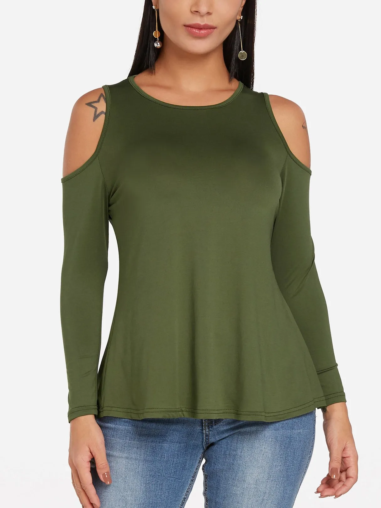 Custom Round Neck Cold Shoulder Plain Cut Out Long Sleeve T-Shirts