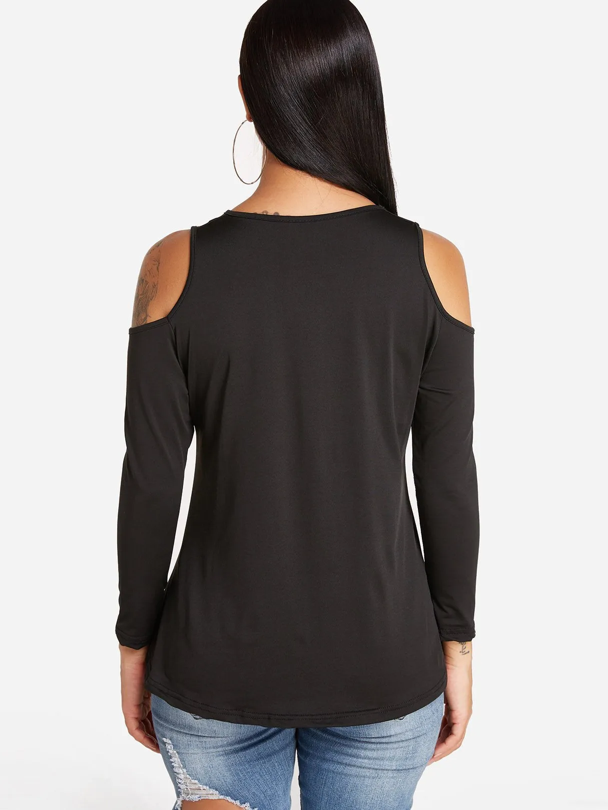 Custom Round Neck Cold Shoulder Plain Cut Out Long Sleeve T-Shirts