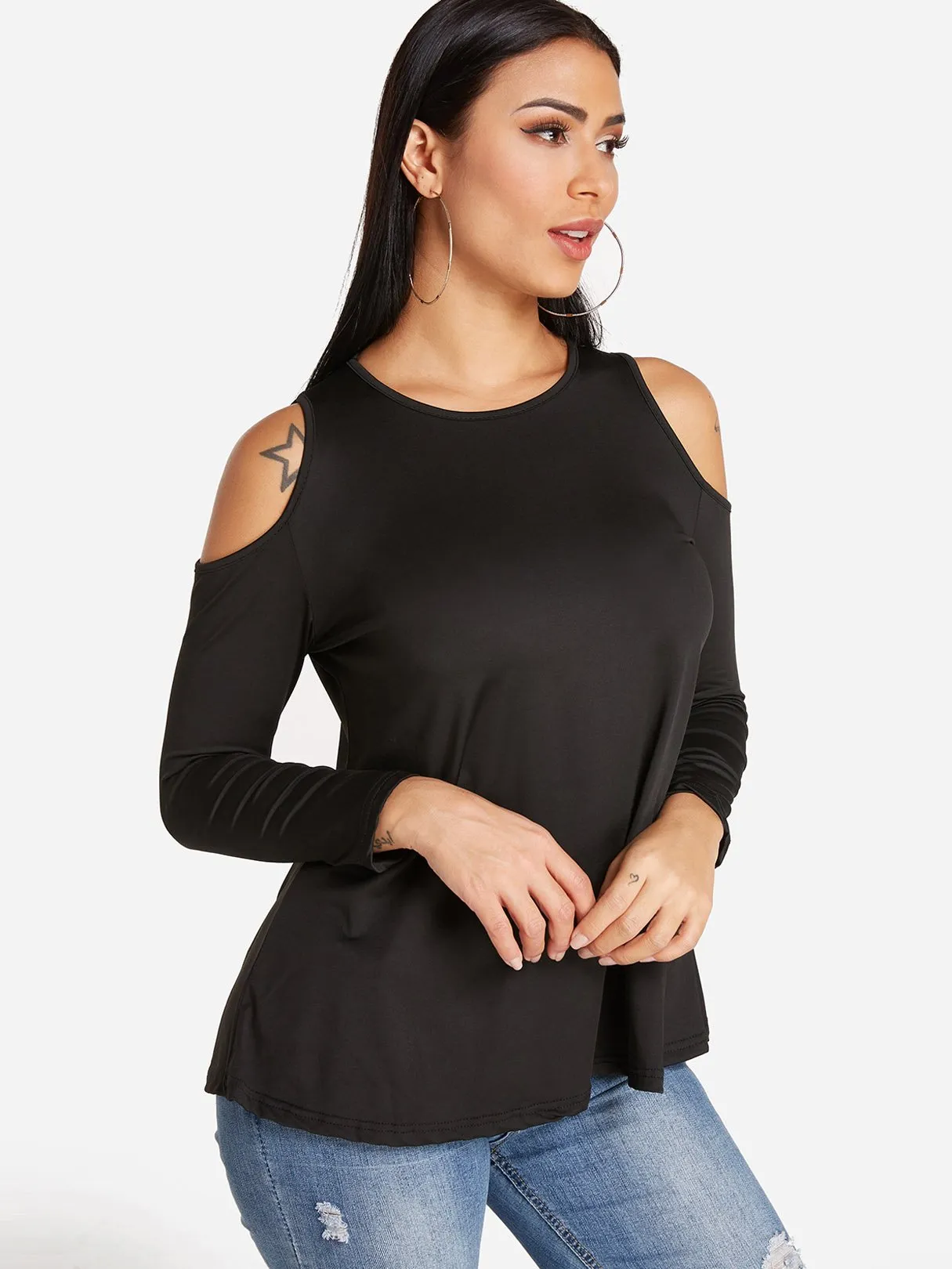 Custom Round Neck Cold Shoulder Plain Cut Out Long Sleeve T-Shirts