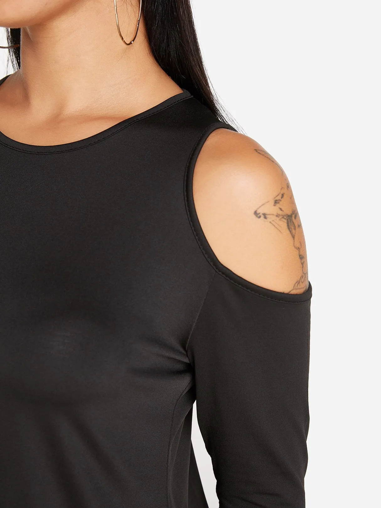 Custom Round Neck Cold Shoulder Plain Cut Out Long Sleeve T-Shirts