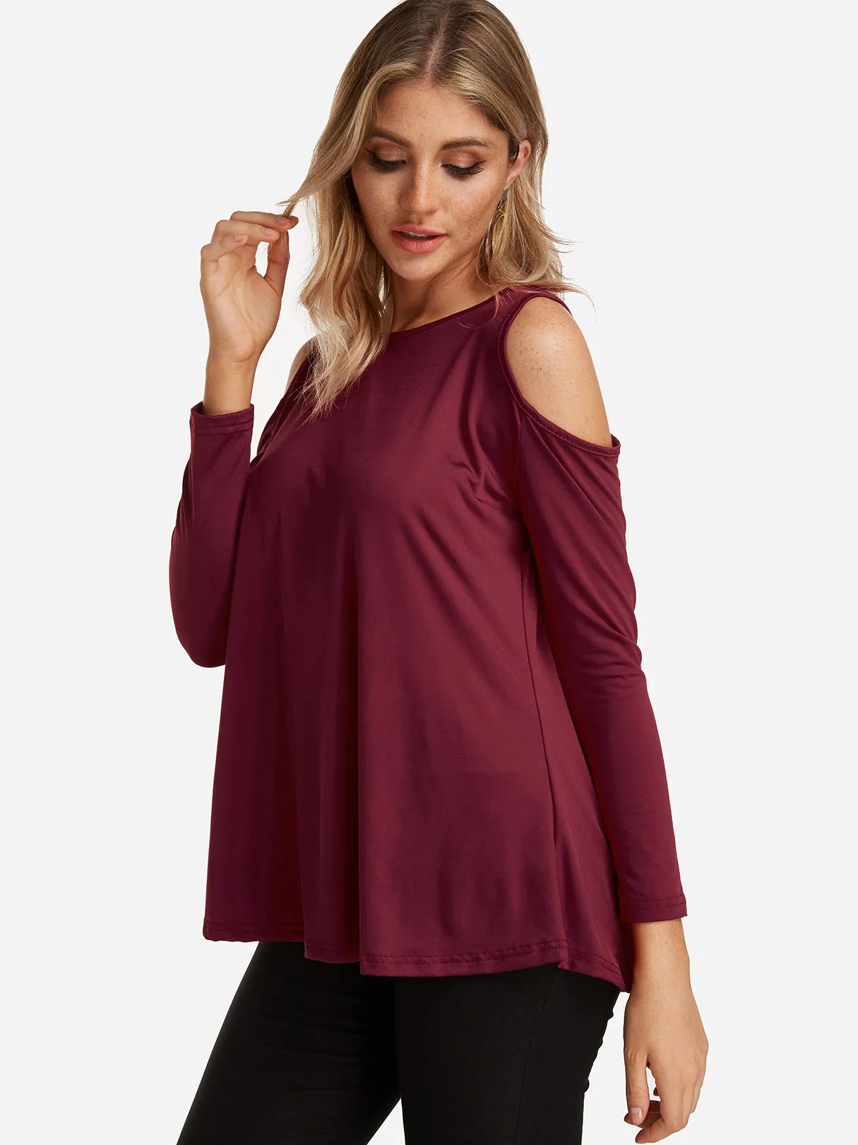 Custom Round Neck Cold Shoulder Plain Cut Out Long Sleeve T-Shirts