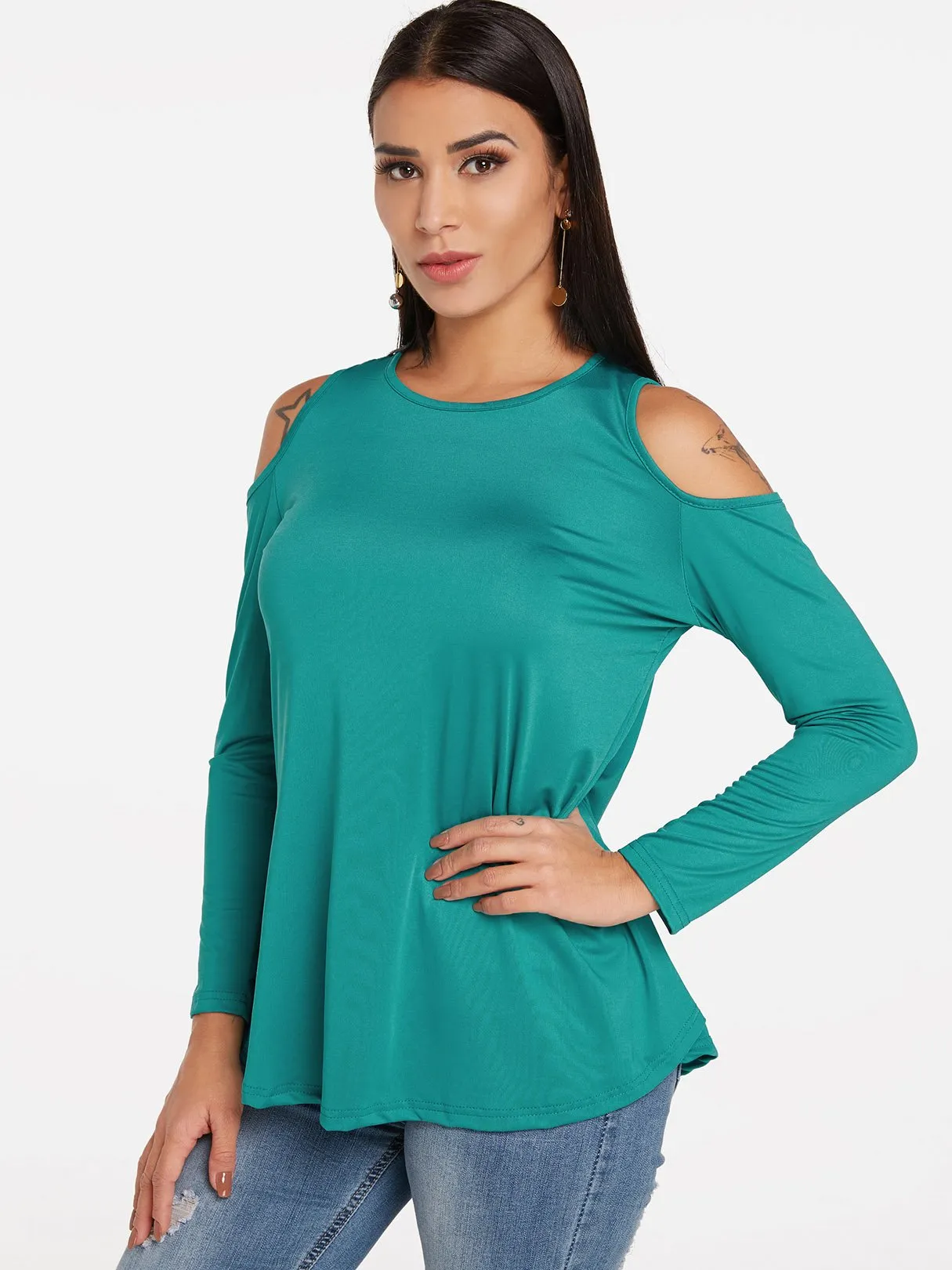 Custom Round Neck Cold Shoulder Plain Cut Out Long Sleeve T-Shirts