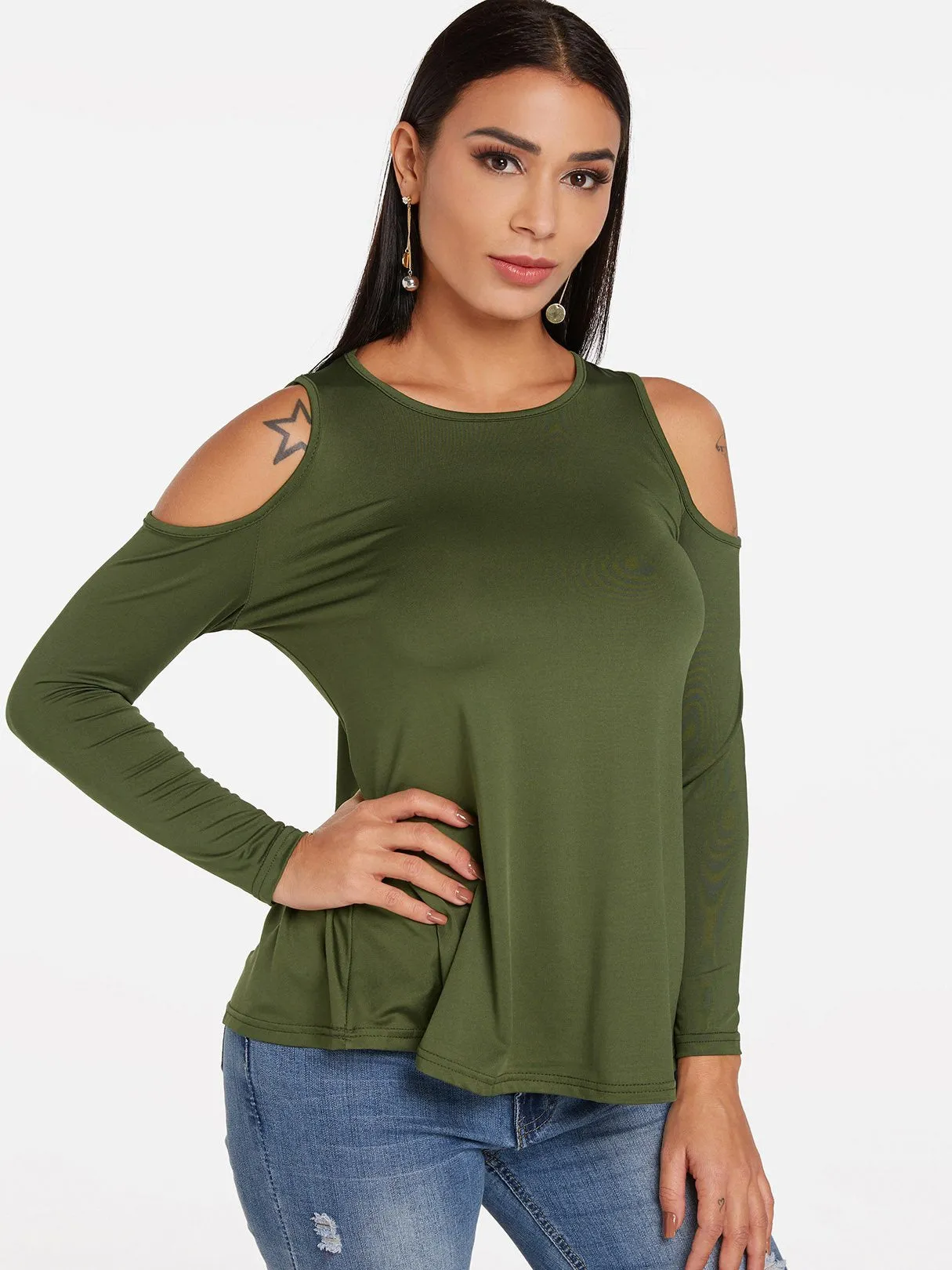 Custom Round Neck Cold Shoulder Plain Cut Out Long Sleeve T-Shirts
