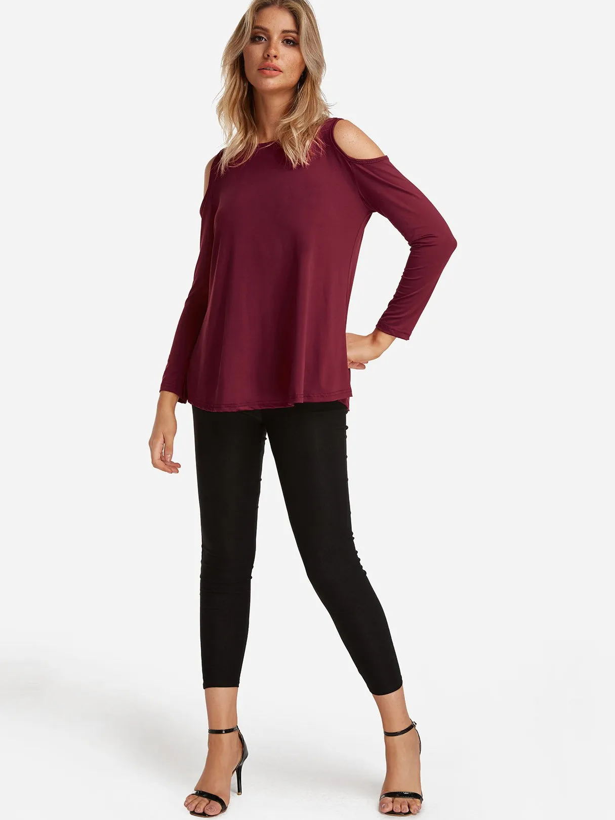 Custom Round Neck Cold Shoulder Plain Cut Out Long Sleeve T-Shirts