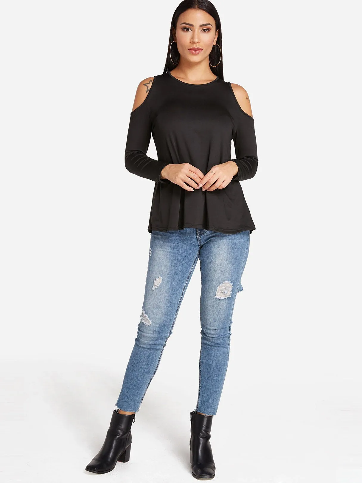 Custom Round Neck Cold Shoulder Plain Cut Out Long Sleeve T-Shirts
