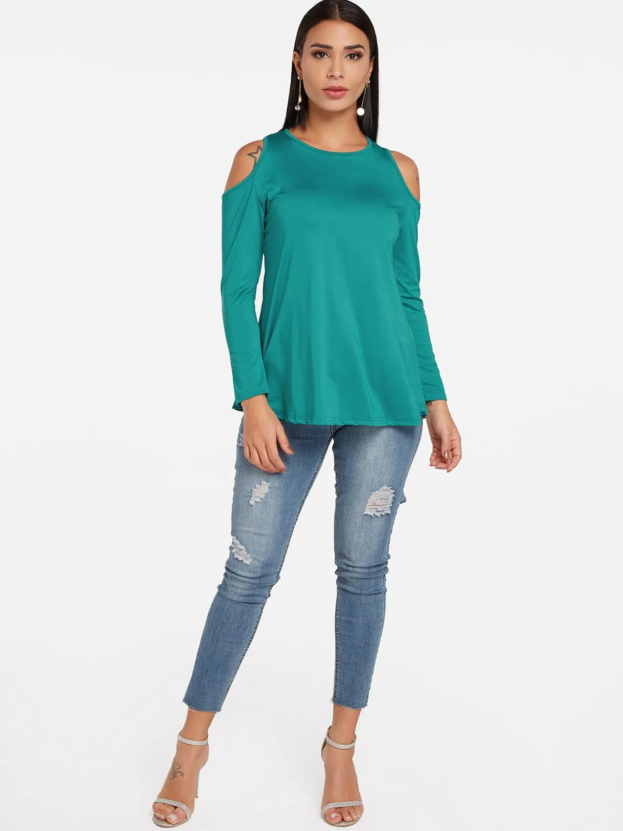 Custom Round Neck Cold Shoulder Plain Cut Out Long Sleeve T-Shirts