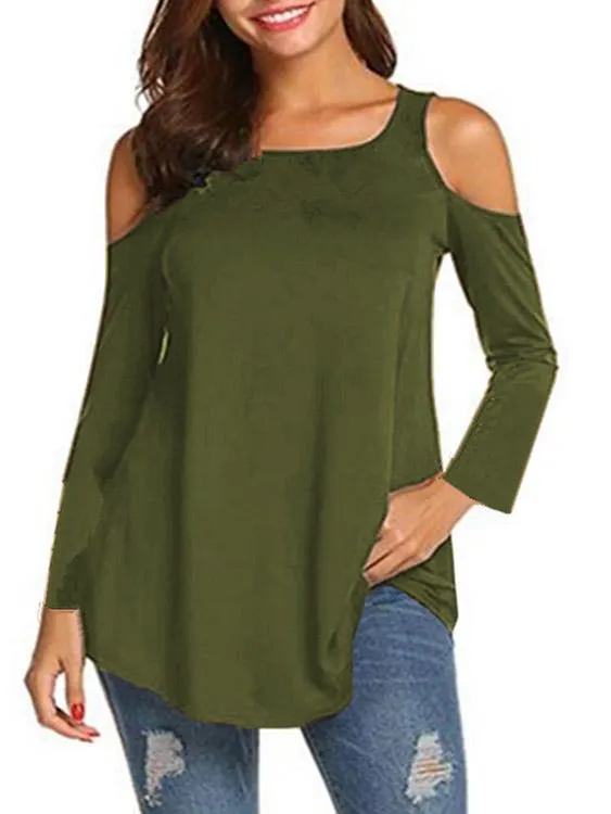 Custom Round Neck Cold Shoulder Plain Cut Out Long Sleeve T-Shirts