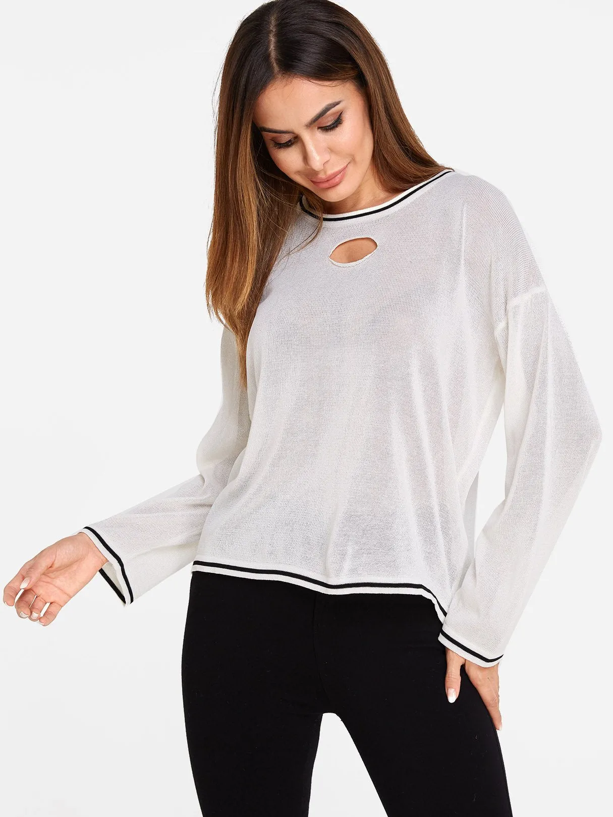 Custom Round Neck Cut Out Long Sleeve Beige Top