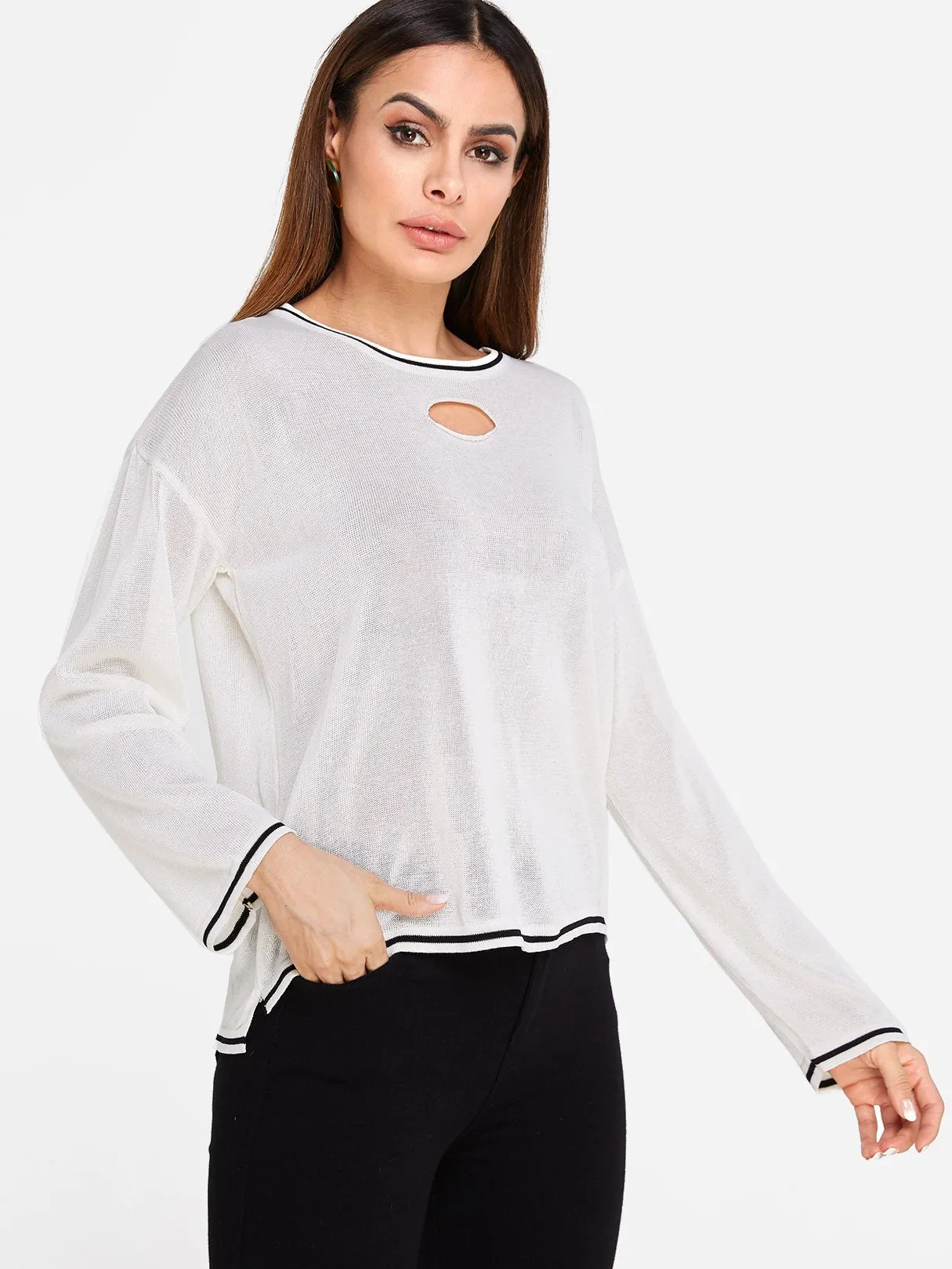 Custom Round Neck Cut Out Long Sleeve Beige Top