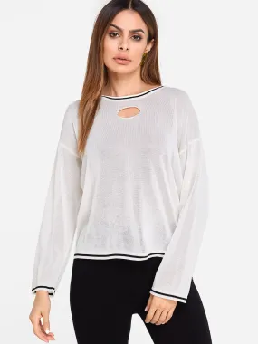 Custom Round Neck Cut Out Long Sleeve Beige Top