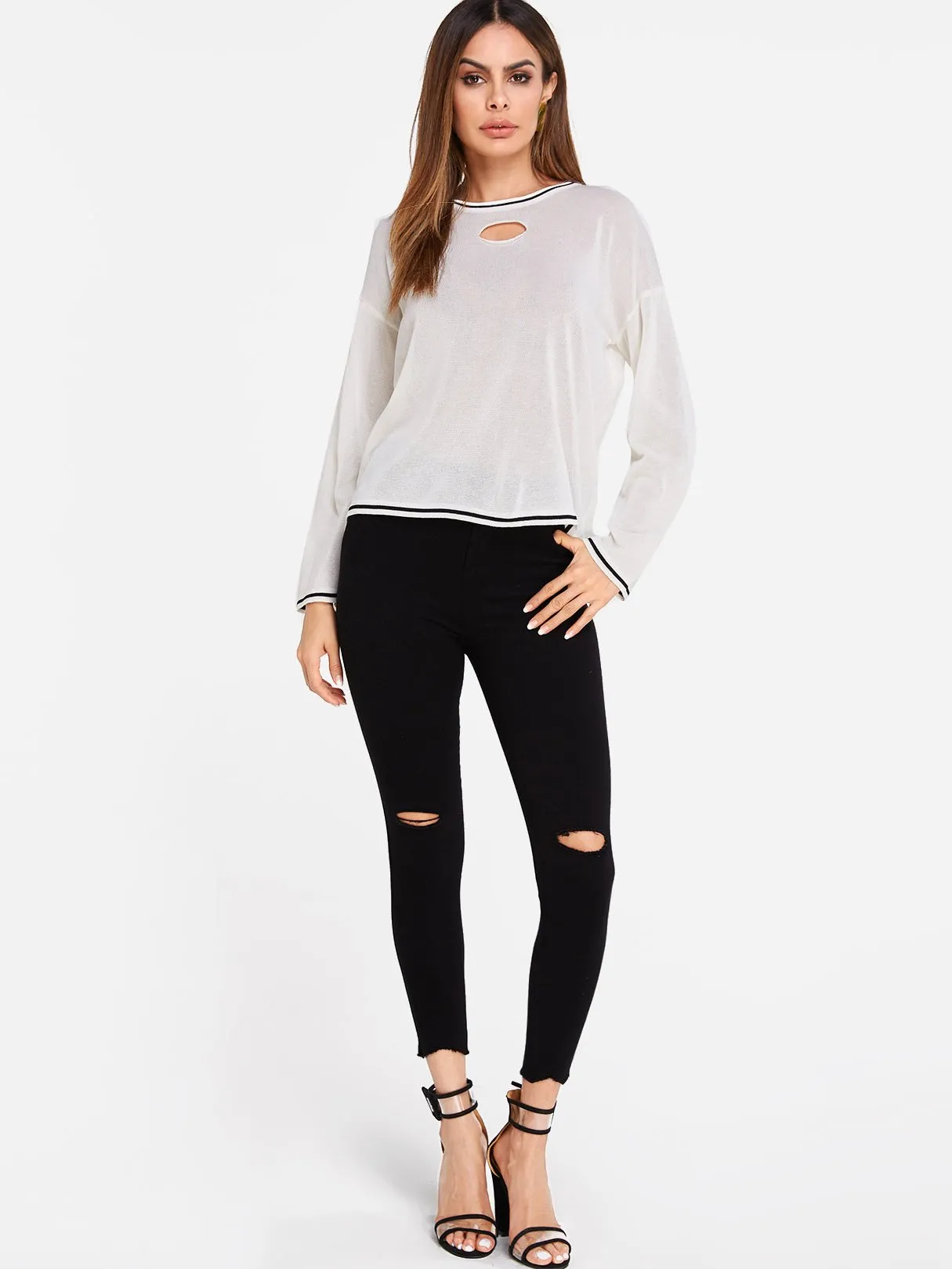 Custom Round Neck Cut Out Long Sleeve Beige Top