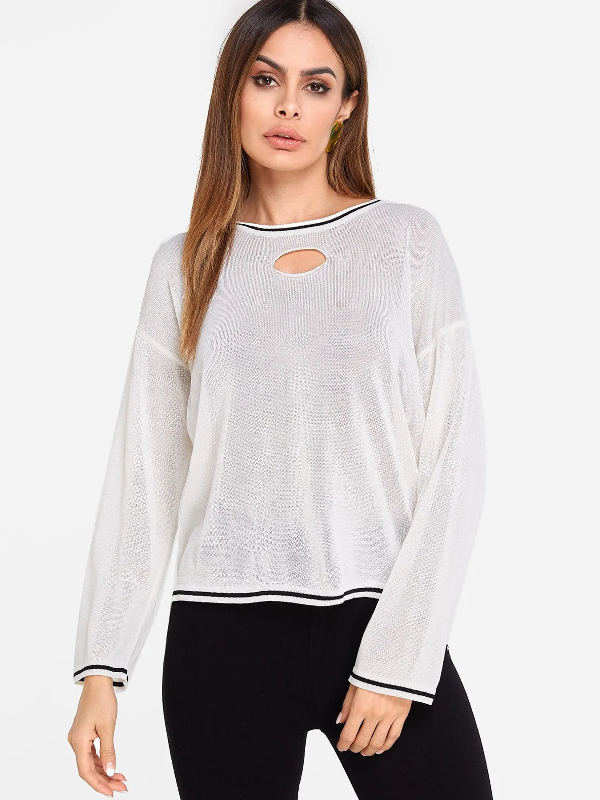 Custom Round Neck Cut Out Long Sleeve Beige Top