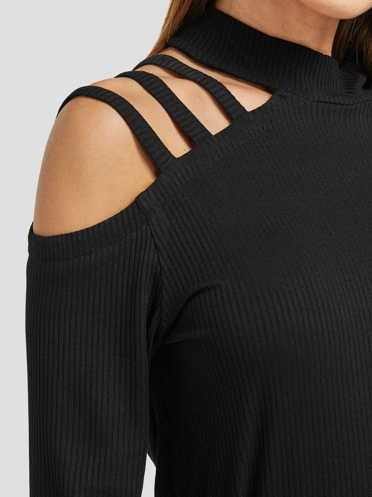 Custom Round Neck Cut Out Long Sleeve Black Top
