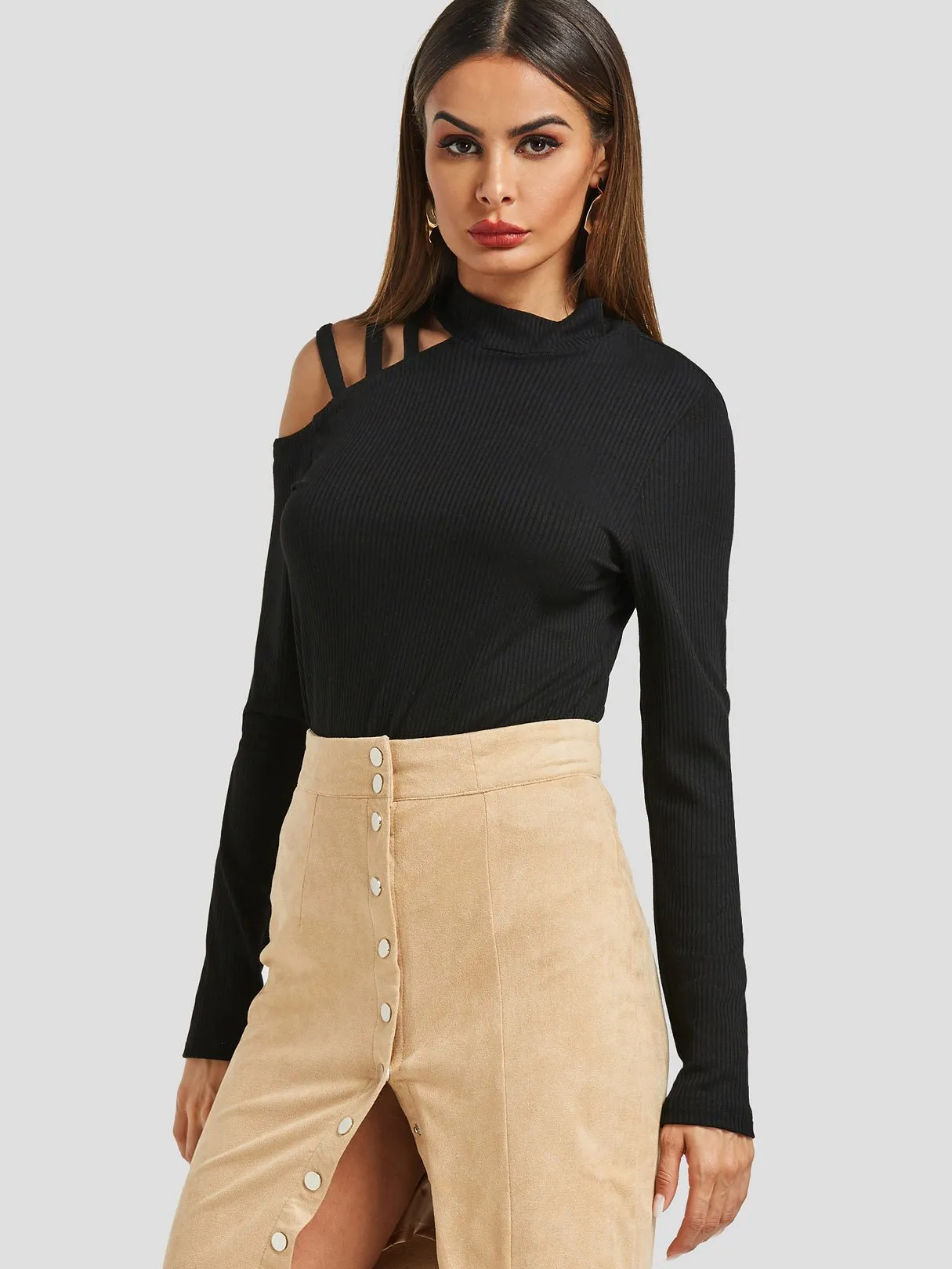 Custom Round Neck Cut Out Long Sleeve Black Top