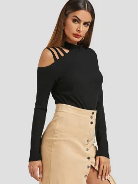 Custom Round Neck Cut Out Long Sleeve Black Top