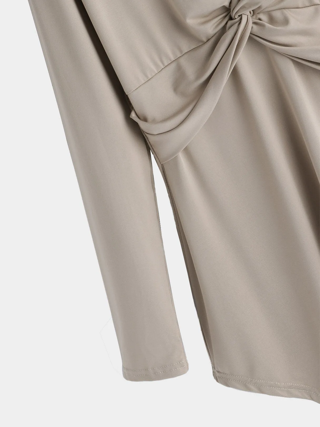 Custom Round Neck Cut Out Pleated Long Sleeve Irregular Hem Khaki T-Shirts