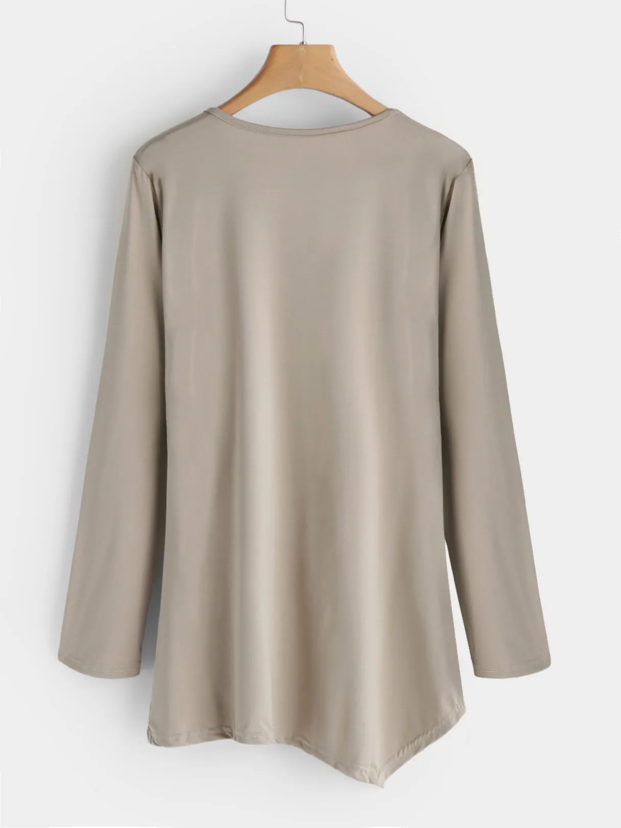 Custom Round Neck Cut Out Pleated Long Sleeve Irregular Hem Khaki T-Shirts