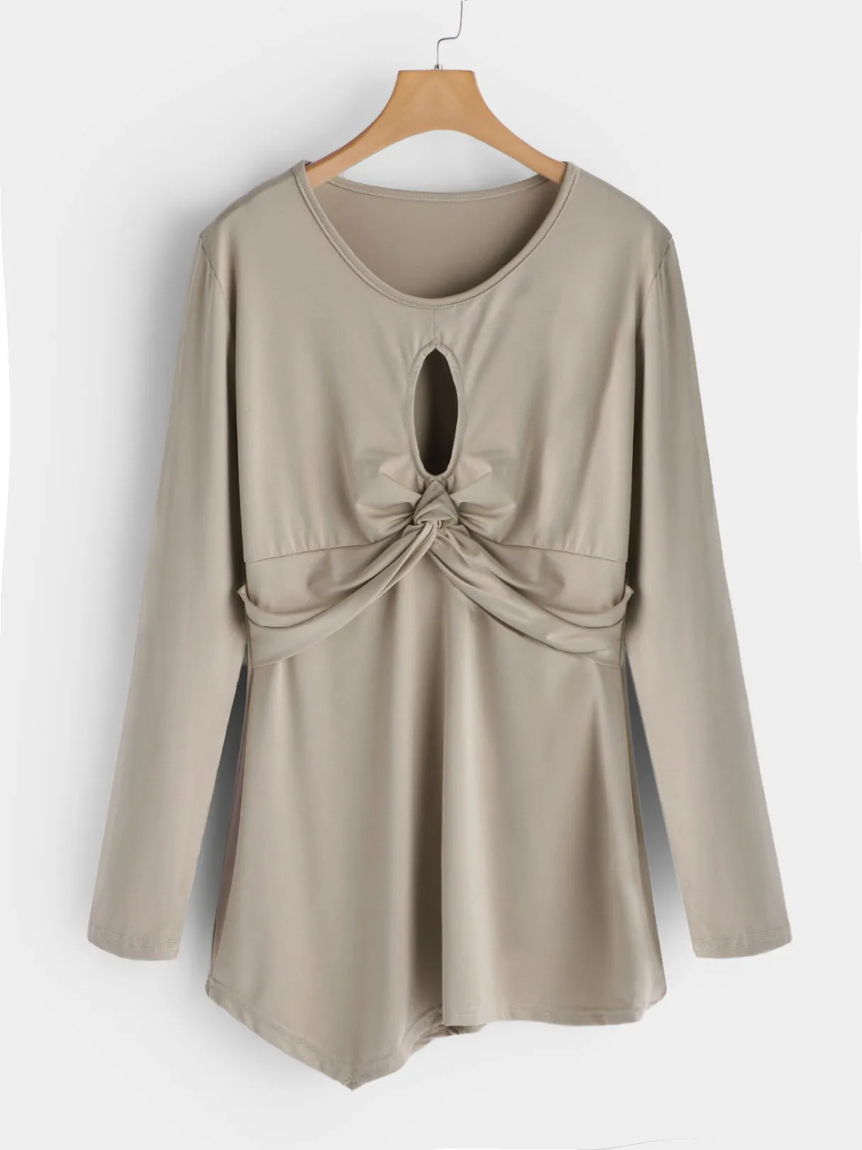 Custom Round Neck Cut Out Pleated Long Sleeve Irregular Hem Khaki T-Shirts