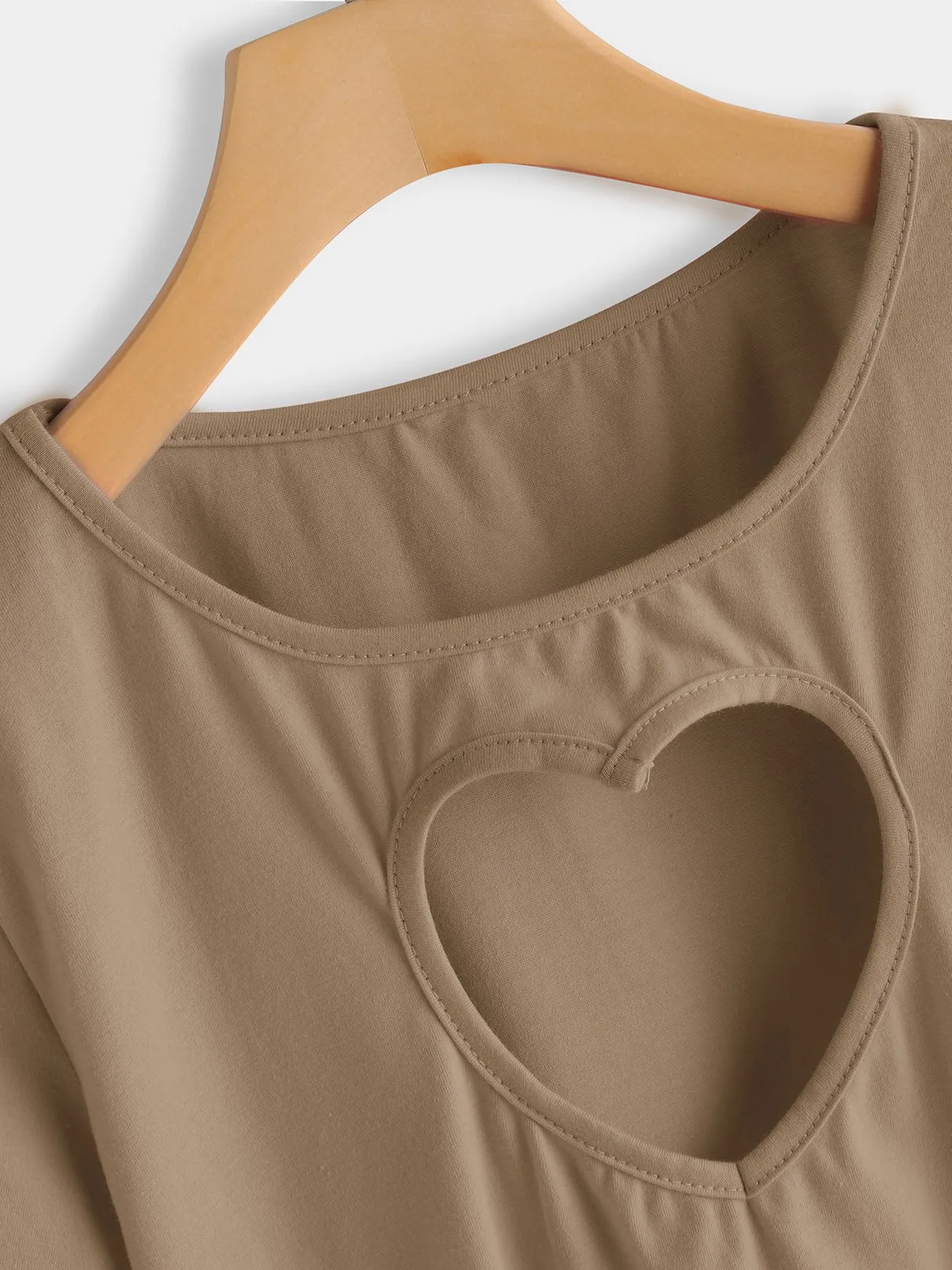 Custom Round Neck Cut Out Short Sleeve Khaki Top