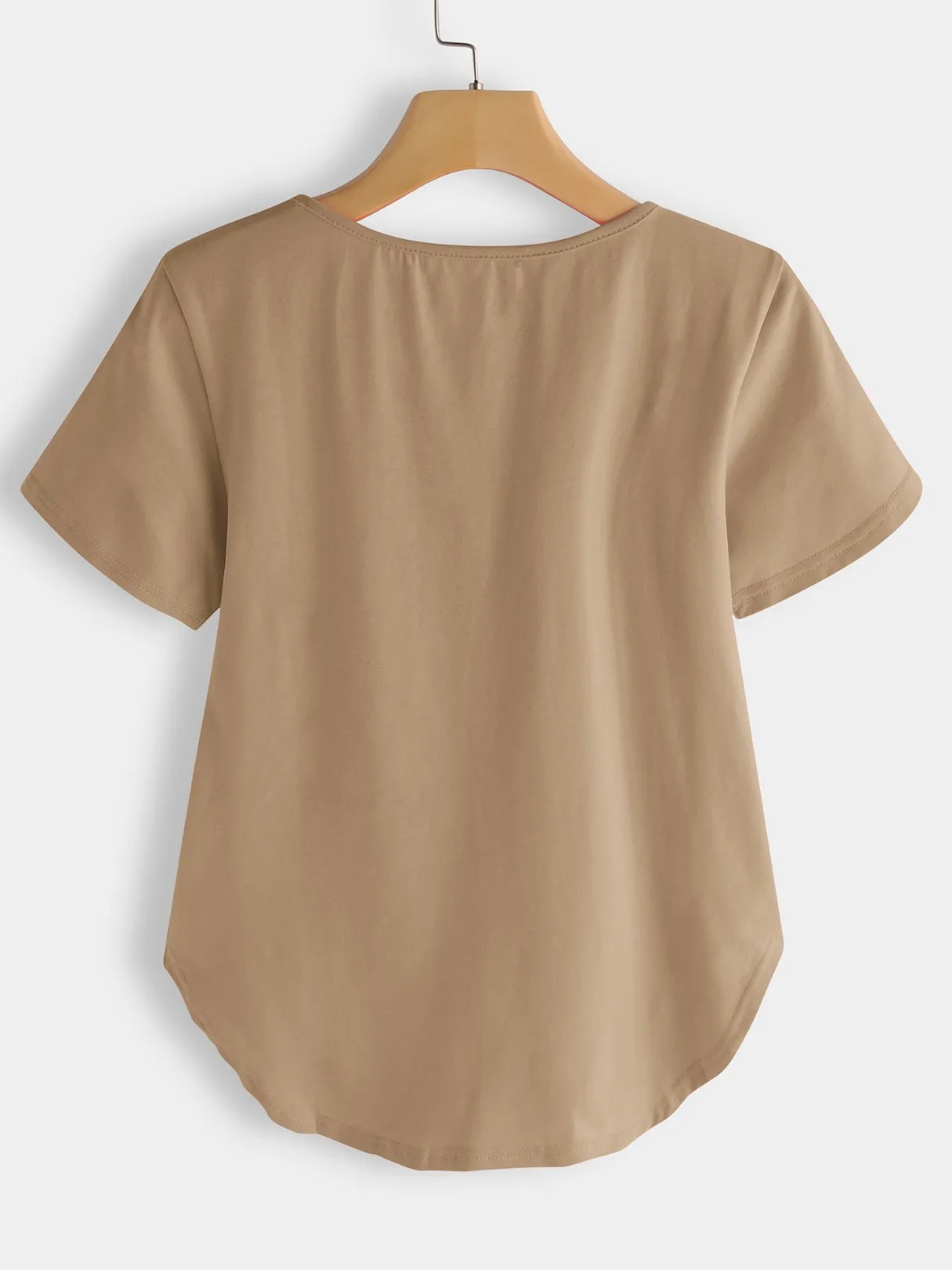 Custom Round Neck Cut Out Short Sleeve Khaki Top
