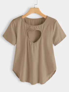 Custom Round Neck Cut Out Short Sleeve Khaki Top