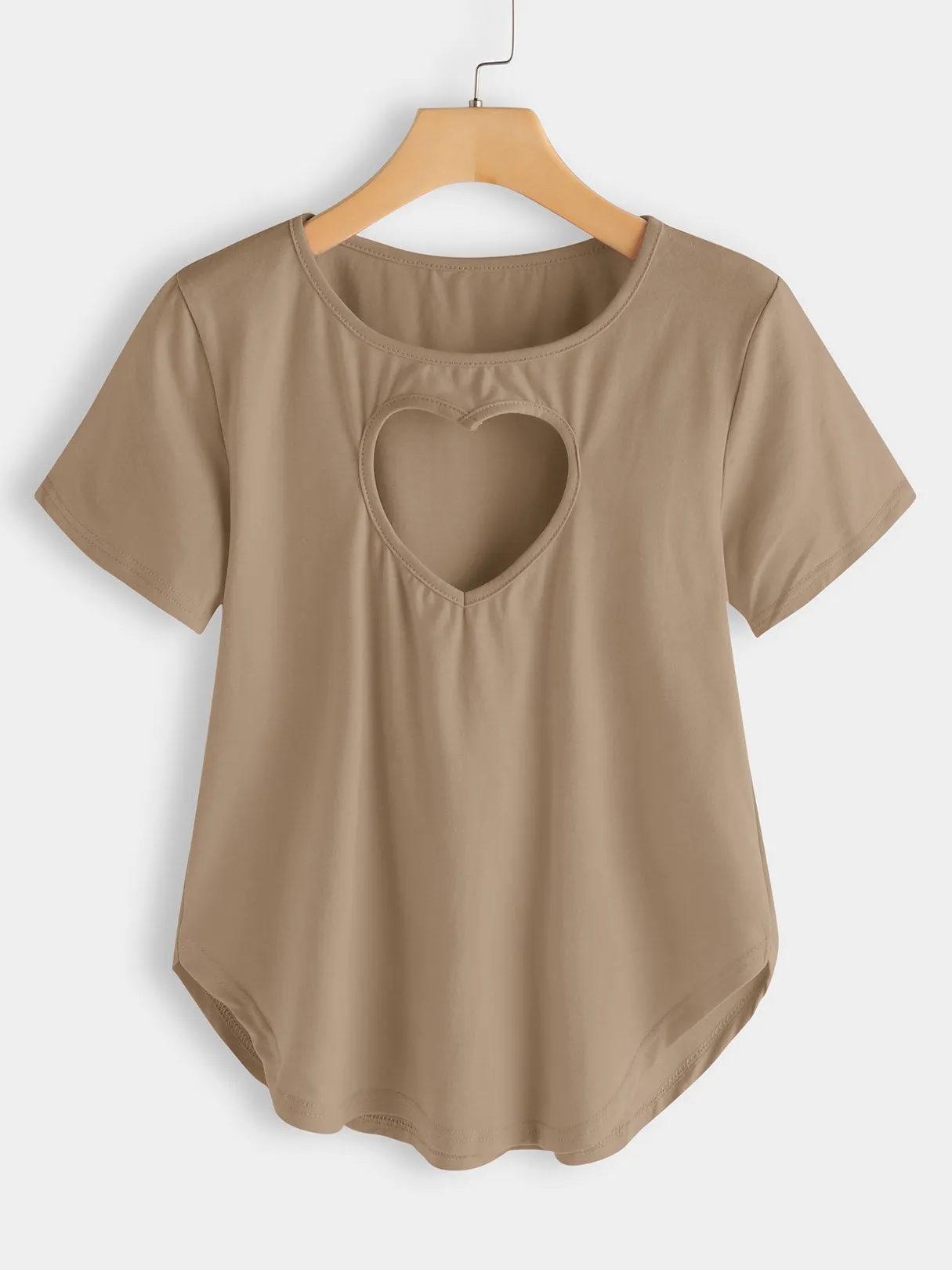 Custom Round Neck Cut Out Short Sleeve Khaki Top